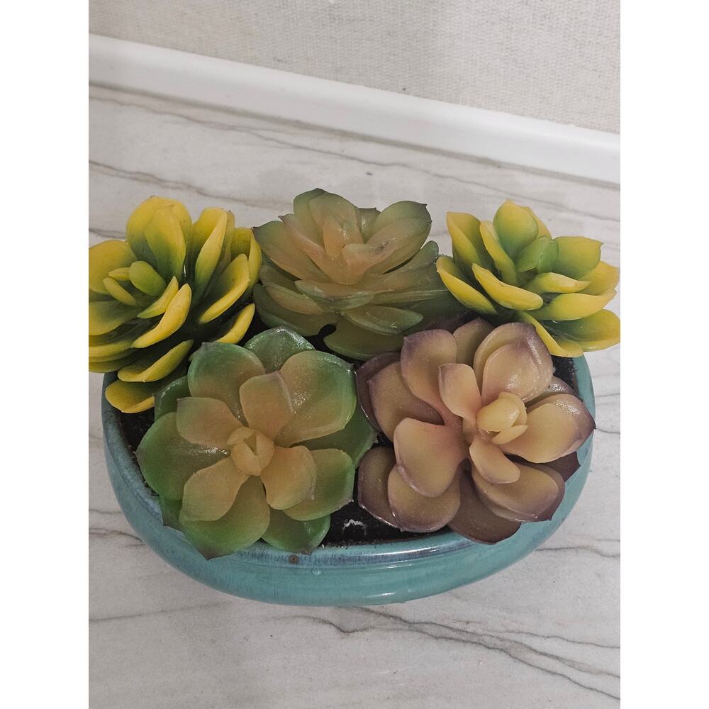 Vintage Faux Artificial Plastic Succulents Plants Turquoise Ceramic Planter